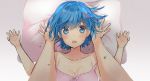  1girl :o bangs bare_arms bare_shoulders blue_eyes blue_hair blush breasts cleavage commentary dress eyebrows_visible_through_hair foreshortening hair_ornament looking_at_viewer lying medium_breasts mochii nightgown off_shoulder on_back open_mouth pillow pink_dress pov pov_hands re:zero_kara_hajimeru_isekai_seikatsu rem_(re:zero) short_hair signature surprised sweat x_hair_ornament 