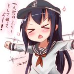  &gt;_&lt; 1girl :&lt; akatsuki_(kantai_collection) anchor_symbol angry bangs black_hat blush commentary_request facing_viewer flailing flat_cap hana_kazari hat head_tilt ichininmae_no_lady kantai_collection long_hair long_sleeves neckerchief open_mouth purple_hair red_neckerchief school_uniform serafuku shirt solo translation_request triangle_mouth upper_body very_long_hair white_background white_shirt 