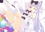  1girl animal_ears armpit_crease azur_lane ball bangs bare_shoulders black_bow black_ribbon blush boots bow breasts brown_eyes cat_ears center_frills commentary_request dress eyebrows_visible_through_hair fang floating_hair frilled_boots frilled_dress frilled_sleeves frills from_below hair_bow hair_ribbon highres jigsaw_puzzle knee_boots legs long_hair long_sleeves looking_at_viewer mayuzaki_yuu off-shoulder_dress off_shoulder one_eye_closed open_mouth panties pantyshot pantyshot_(sitting) puzzle ribbon ribbon-trimmed_sleeves ribbon_trim shiny shiny_hair shiny_skin sidelocks silver_hair simple_background sitting small_breasts solo thighs toy two_side_up underwear white_background white_bow white_dress white_footwear white_panties white_ribbon yukikaze_(azur_lane) 
