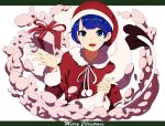  1girl :d bangs blue_eyes blue_hair capelet doremy_sweet eyebrows_visible_through_hair fur_trim gift hat holding long_sleeves looking_at_viewer merry_christmas neck_ribbon open_mouth pom_pom_(clothes) ribbon santa_costume shishi_osamu short_hair smile solo tail tapir_tail touhou upper_body white_ribbon 