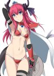 1girl armor bangs bikini bikini_armor blue_eyes blush bracer breasts closed_mouth elizabeth_bathory_(brave)_(fate) eyebrows_visible_through_hair fate/grand_order fate_(series) gluteal_fold hair_between_eyes holding_shield horns lancer_(fate/extra_ccc) long_hair looking_at_viewer pauldrons pointy_ears purple_hair red_bikini shield shiseki_hirame simple_background single_thighhigh small_breasts smile solo swimsuit tail thigh-highs tsurime two_side_up white_background