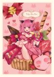  +1_(yakusoku0722) 1girl :3 :d animal_ears bare_shoulders bell boots border bow cat_ears cat_tail chocolate choker copyright_name cupcake dress fangs food fruit giant_object gloves heart highres holding jingle_bell knee_boots looking_at_viewer mew_ichigo momomiya_ichigo open_mouth pink_dress pink_eyes pink_hair puffy_short_sleeves puffy_sleeves red_gloves short_hair short_sleeves simple_background sitting sitting_on_food smile solo strawberry sweets tail tail_bow thigh_strap tokyo_mew_mew 