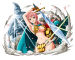  1girl arm_up armor bikini_armor bodskih braid breasts brown_eyes brown_gloves cleavage cowboy_shot dutch_angle gloves groin holding holding_sword holding_weapon large_breasts long_hair navel one_piece pink_hair rebecca_(one_piece) sideboob sidelocks single_braid smile solo standing statue sword transparent_background weapon 