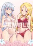 2girls arm_behind_back bangs bare_shoulders blonde_hair blue_eyes blue_hair blush bow bow_panties breasts camisole clenched_hand closed_mouth collarbone commentary cowboy_shot english eromanga_sensei eyebrows_visible_through_hair flower frown gluteal_fold gradient gradient_background groin hair_bow head_tilt izumi_sagiri lily_(flower) long_hair looking_at_viewer medium_breasts multiple_girls panties parted_bangs parted_lips piano-alice pink_bow pointy_ears red_eyes red_panties sample sidelocks small_breasts standing underwear very_long_hair white_bow white_panties yamada_elf 