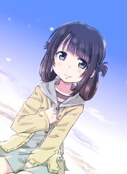  1girl black_hair blue_dress blue_eyes dress dutch_angle folded_hair hair_rings highres hooded_dress jacket long_hair maruyo nagi_no_asukara shiodome_miuna sky smile solo strap twintails yellow_jacket 