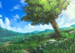 aruken blue_sky clouds cloudy_sky commentary_request dappled_sunlight day highres hill no_humans original outdoors path plant road rock scenery sky sunlight tree 