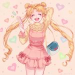  +1_(yakusoku0722) 1girl 2017 arm_up bag bishoujo_senshi_sailor_moon bow closed_eyes contemporary cowboy_shot dated double_bun dress earrings hand_behind_head heart heart_background highres jewelry lace laughing long_hair long_sleeves open_mouth pink_dress red_bow short_dress simple_background solo teeth tickets tsukino_usagi twintails very_long_hair 