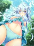  1girl bad_perspective blue_eyes blue_hair blue_panties blue_sky blush day groin highres lifted_by_self liya long_hair looking_at_viewer navel original outdoors panties skirt skirt_lift sky solo standing underwear 