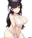 1girl absurdres animal_ears atago_(azur_lane) azur_lane black_hair breasts brown_eyes cleavage commentary_request hair_ornament heart highres kiritto large_breasts long_hair looking_at_viewer mole mole_under_eye navel simple_background smile solo swimsuit twitter_username v_arms white_background 