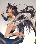 1girl anklet ass back bangs barefoot bikini blue_legwear brown_hair commentary_request crown detached_sleeves earrings fate/grand_order fate_(series) feet gradient gradient_background grey_background hair_ribbon heavenly_boat_maanna highres hoop_earrings ishtar_(fate/grand_order) jewelry kabocha_(monkey4) legs long_hair looking_back open_mouth parted_bangs pelvic_curtain red_eyes ribbon single_detached_sleeve single_thighhigh soles solo sparkle swimsuit thigh-highs thighs toes tohsaka_rin two_side_up white_bikini 