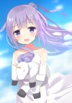  1girl :d absurdres azur_lane bare_shoulders blush collarbone commentary_request day dress dutch_angle elbow_gloves gloves hair_bun head_tilt highres long_hair looking_at_viewer object_hug odeclea open_mouth outdoors purple_hair smile solo strapless strapless_dress stuffed_animal stuffed_toy stuffed_unicorn unicorn_(azur_lane) very_long_hair violet_eyes white_dress white_gloves 