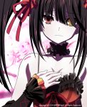  1girl 2014 black_hair breasts choker cleavage clock_eyes date_a_live detached_sleeves eyebrows_visible_through_hair findix hair_between_eyes hair_ribbon heterochromia highres long_hair looking_at_viewer medium_breasts red_eyes red_ribbon ribbon sleeveless solo symbol-shaped_pupils tokisaki_kurumi twintails upper_body yellow_eyes 