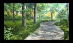  black_border border commentary_request dappled_sunlight day forest grass kawamoto_ruka nature no_humans original outdoors path photoshop road scenery sunlight tree 