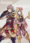 2boys armor blonde_hair bow_(weapon) cape drill_hair english european_clothes fire_emblem fire_emblem_if foleo_(fire_emblem_if) gloves gzei holding holding_weapon japanese_clothes kisaragi_(fire_emblem_if) looking_at_viewer multiple_boys simple_background smile weapon white_hair 