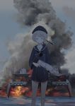  1girl beret blue_eyes cannon dress fire grey_hair gun hat kantai_collection light_smile long_sleeves looking_at_viewer machinery narotake ocean outdoors sailor_dress short_hair sky smoke solo standing torpedo trigger_discipline turtleneck water weapon z1_leberecht_maass_(kantai_collection) 