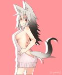  1girl akasha_(syakoba) animal_ears bare_arms bare_shoulders blush breasts bright_pupils butt_crack closed_mouth cowboy_shot dress eyebrows_visible_through_hair facial_mark fox_ears fox_tail from_side grey_hair hair_between_eyes long_hair looking_at_viewer medium_breasts meme_attire naked_sweater open-back_dress original pink_background shako_(syakoba3) sideboob simple_background smile solo standing sweater tail virgin_killer_sweater yellow_eyes 