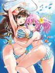  2girls ass bikini blue_eyes breasts brown_hair cleavage fish flower front-tie_top green_eyes hair_flower hair_ornament kurimomo large_breasts long_hair looking_at_viewer multiple_girls one_eye_closed original pink_hair side-tie_bikini smile striped striped_bikini swimsuit underwater very_long_hair 