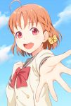  1girl ahoge braid clenched_hand clouds ha-ru hand_on_own_chest long_sleeves looking_at_viewer love_live! love_live!_sunshine!! open_hand orange_hair reaching_out red_ribbon redhead ribbon round_teeth short_hair side_braid sky takami_chika teeth uranohoshi_school_uniform yellow_ribbon 