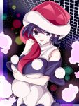  1girl :3 :d adda bare_arms bare_shoulders between_breasts breast_hold breasts doremy_sweet dress glowing hat highres large_breasts light_particles looking_at_viewer nightcap open_mouth pom_pom_(clothes) purple_hair red_hat short_hair smile solo touhou turtleneck upper_body violet_eyes 
