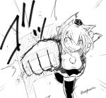  1girl angry animal_ears artist_self-insert bangs black_legwear black_skirt blood breasts clenched_teeth eyebrows_visible_through_hair foreshortening greyscale hat inubashiri_momiji leaning_forward looking_at_another monochrome motion_lines pom_pom_(clothes) punching shirt short_hair skirt tail taurine_8000mg teeth thigh-highs tokin_hat touhou twitter_username white_shirt wolf_ears wolf_tail zettai_ryouiki 