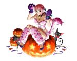  1girl animal_ears bell bodskih braid breasts cat cleavage collarbone full_body gloves green_ribbon hair_ribbon halloween halloween_costume kneehighs large_breasts long_hair midriff one_piece paw_gloves paws pink_hair pink_legwear pink_shorts ponytail pumpkin purple_gloves rebecca_(one_piece) ribbon shiny shiny_skin short_shorts shorts single_braid sitting solo strapless tail transparent_background 
