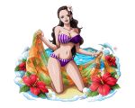  1girl :d barefoot bikini black_hair bodskih breasts brown_eyes cleavage collarbone earrings flower groin hair_flower hair_ornament head_tilt hibiscus holding jewelry kneeling large_breasts long_hair navel one_piece open_mouth purple_bikini red_flower shiny shiny_skin smile solo strapless strapless_bikini swimsuit transparent transparent_background very_long_hair viola_(one_piece) white_flower 