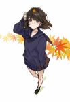  1girl black_hair black_serafuku highres leaf monochrome original school_uniform serafuku short_hair sketch skirt sweater yuu_(higashi_no_penguin) 