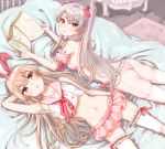  2girls :o absurdres alternate_color alternate_costume amatsukaze_(kantai_collection) arm_at_side arm_behind_back armpits bangs bare_arms bare_shoulders bed_sheet blonde_hair blush book bow bra breasts brown_eyes collarbone commentary_request crop_top detached_sleeves double-breasted ezusa frilled_panties frills garter_straps hair_between_eyes hair_bow hair_ribbon hairband highres indoors kantai_collection leg_garter long_hair looking_at_viewer lying miniskirt multiple_girls navel on_back on_bed on_stomach open_book open_mouth panties pink_bra pink_hairband pink_panties pink_ribbon pink_skirt puffy_short_sleeves puffy_sleeves red_bow ribbon ribbon-trimmed_panties sailor_collar shimakaze_(kantai_collection) shiny shiny_skin short_sleeves silver_hair skirt sleeveless small_breasts stomach tsurime twintails underwear underwear_only very_long_hair 