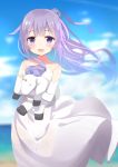  1girl :d azur_lane bare_shoulders beach blue_sky blush clouds collarbone commentary_request cowboy_shot day dress elbow_gloves gloves hair_bun head_tilt long_hair looking_at_viewer object_hug ocean odeclea open_mouth outdoors purple_hair sky smile solo standing strapless strapless_dress stuffed_animal stuffed_toy stuffed_unicorn unicorn_(azur_lane) very_long_hair violet_eyes white_dress white_gloves 