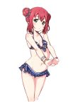  1girl :o bangs bare_arms bare_shoulders bikini blue_bikini blue_bow blush bow bracelet collarbone cowboy_shot double_bun enpu_(ufo) flat_chest front-tie_bikini front-tie_top green_eyes jewelry kurosawa_ruby layered_bikini looking_at_viewer love_live! love_live!_sunshine!! navel outstretched_arms own_hands_together parted_lips redhead short_hair sidelocks simple_background solo standing stomach stretch striped striped_bow swimsuit tareme white_background 