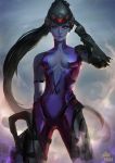  1girl black_hair bodysuit breasts center_opening cleavage gun headgear holding holding_gun holding_weapon lipstick looking_at_viewer makeup medium_breasts overwatch ponytail purple_lips purple_lipstick purple_skin raikoart rifle signature simple_background solo standing weapon widowmaker_(overwatch) yellow_eyes 