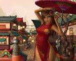 1girl animal_ears architecture arms_up blue_eyes bracelet breasts brown_hair cat_ears cat_tail china_dress chinese_architecture chinese_clothes dark_skin dress east_asian_architecture final_fantasy final_fantasy_xiv hair_ornament jewelry lips long_hair looking_at_viewer medium_breasts miqo&#039;te oriental_umbrella outdoors slit_pupils smile solo tail umbrella veralde watermark web_address