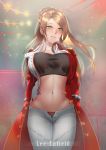  1girl absurdres black_panties blush braid breasts buttons coat crop_top girls_frontline glowing green_eyes highres kimjunho large_breasts lee-enfield_(girls_frontline) long_coat long_hair navel open_clothes open_coat open_mouth panties pants red_coat star starry_background stomach string underwear 