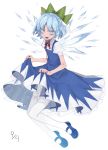  1girl bare_arms blue_dress blue_eyes blue_footwear blue_hair bow cirno dated dress dress_lift full_body green_bow hair_bow highres ice ice_wings lifted_by_self looking_at_viewer mary_janes pantyhose puffy_short_sleeves puffy_sleeves shoes short_hair short_sleeves simple_background solo touhou white_background white_legwear wing_collar wings 