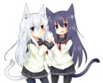  2girls akatsuki_(kantai_collection) anchor_symbol animal_ears bangs black_legwear black_skirt blue_eyes blush cat_ears cat_girl cat_tail closed_mouth commentary_request cowboy_shot eyebrows_visible_through_hair hair_between_eyes head_tilt hibiki_(kantai_collection) jitome kantai_collection kemonomimi_mode long_hair long_sleeves looking_at_viewer multiple_girls neckerchief no_hat no_headwear pantyhose parted_lips pleated_skirt purple_hair red_neckerchief rubii school_uniform serafuku shirt silver_hair simple_background skirt sleeves_past_wrists standing sweat tail tareme thigh-highs very_long_hair violet_eyes wavy_mouth white_background white_shirt 