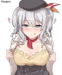  1girl absurdres alternate_costume beret black_hat blue_eyes blush breasts cleavage collarbone commentary_request erect_nipples from_above grey_jacket grey_skirt hat heart heart-shaped_pupils highres jacket kantai_collection kashima_(kantai_collection) kiritto long_hair looking_at_viewer medium_breasts open_clothes open_jacket red_collar shirt silver_hair simple_background skirt smile solo symbol-shaped_pupils tongue tongue_out twintails twitter_username upper_body white_background yellow_shirt 