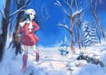 1girl :d bare_arms beanie black_eyes black_hair blue_sky boots coat day drifloon footprints hair_ornament hairclip hat hikari_(pokemon) knee_boots long_hair long_sleeves looking_to_the_side looking_up open_mouth outdoors pink_boots pink_coat piplup pippi_(pixiv_1922055) pokemon pokemon_(game) pokemon_dppt running scarf scenery sky sleeves_past_wrists smile snover snow thigh-highs white_legwear white_scarf winter winter_clothes winter_coat 