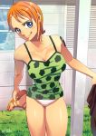  &gt;:q 1girl :q alsea arms_at_sides bare_arms bare_legs bare_shoulders blue_eyes breasts camisole cleavage clothes_removed collarbone cowboy_shot day grass holding holding_clothes licking_lips looking_at_viewer nail_polish nami_(one_piece) no_pants one_piece orange_hair outdoors panties sandals short_hair shoulder_tattoo smile solo standing standing_on_one_leg tattoo thighs toenail_polish toes tongue tongue_out underwear white_panties window 