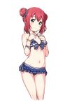  1girl bangs bare_arms bare_shoulders bikini blue_bikini blue_bow blush bow bracelet closed_mouth cowboy_shot cropped_legs double_bun enpu_(ufo) flat_chest front-tie_bikini front-tie_top green_eyes hands_on_own_chest jewelry kurosawa_ruby layered_bikini looking_at_viewer love_live! love_live!_sunshine!! navel redhead short_hair sidelocks simple_background solo standing stomach striped striped_bow swimsuit tareme v white_background 