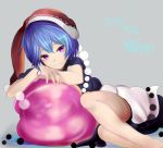  1girl bare_arms bare_legs blue_hair closed_mouth dated doremy_sweet dream_soul dress grey_background hat houdukixx looking_at_viewer lying nightcap pom_pom_(clothes) short_hair short_sleeves simple_background smile solo touhou violet_eyes 