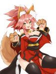  1girl @_@ animal_ears bell bell_collar black_legwear blush breasts cleavage collar fang fate/extra fate/grand_order fate_(series) fox_ears fox_tail hair_ribbon highres japanese_clothes large_breasts long_hair looking_at_viewer open_mouth paws pink_hair ribbon ryou_(619-619) simple_background solo tail tamamo_(fate)_(all) tamamo_cat_(fate) thigh-highs white_background yellow_eyes 