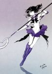 1girl 2017 bishoujo_senshi_sailor_moon black_hair boots cross-laced_footwear dated elbow_gloves full_body gloves half-closed_eyes holding knee_boots looking_to_the_side monochrome partially_colored purple_boots purple_sailor_collar purple_skirt s-yin sailor_saturn short_hair signature silence_glaive simple_background skirt solo tomoe_hotaru violet_eyes weapon 