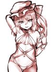  1girl arm_behind_back arm_up ascot bangs bare_shoulders breasts cowboy_shot eyebrows_visible_through_hair fang flandre_scarlet hair_between_eyes hat highres kz_oji long_hair looking_at_viewer mob_cap monochrome navel open_mouth pointy_ears side_ponytail simple_background slit_pupils small_breasts smile solo thigh_gap touhou white_background wristband 