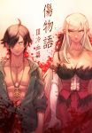  1boy 1girl ahoge araragi_koyomi arm_at_side bangs bare_shoulders black_hair blonde_hair bloodd boyaking breasts brown_eyes cleavage closed_mouth collarbone commentary_request copyright_name corset dress elbow_gloves gloves hair_over_one_eye hair_ribbon height_difference highres jewelry kiss-shot_acerola-orion_heart-under-blade kizumonogatari large_breasts lips long_hair long_sleeves looking_at_viewer monogatari_(series) muscle musle necklace open_clothes pendant pointy_ears red_dress ribbon serious sidelocks sleeves_pushed_up strapless strapless_dress swept_bangs unbuttoned upper_body very_long_hair white_gloves yellow_background yellow_eyes 