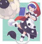  1girl :3 :d antinomy_of_common_flowers bangs blue_hair blush book capelet closed_eyes commentary_request doremy_sweet eyebrows_visible_through_hair full_body hat nightcap no_shoes o_o open_mouth outside_border pom_pom_(clothes) sheep smile socks tail tamahana tapir_tail touhou 