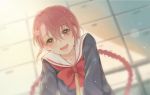  +1_(yakusoku0722) 1girl :d bangs blurry blurry_background bow braid hair_between_eyes highres indoors long_hair open_mouth parted_bangs pov red_bow red_eyes redhead ryuuzaki_sakuno school school_uniform serafuku smile solo teeth tennis_no_ouji-sama twin_braids 