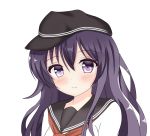  1girl akatsuki_(kantai_collection) bangs black_hat blush closed_mouth commentary_request eyebrows_visible_through_hair flat_cap hair_between_eyes hat head_tilt kantai_collection long_hair looking_at_viewer neckerchief portrait purple_hair red_neckerchief school_uniform serafuku shirt simple_background smile solo tareme violet_eyes white_background white_shirt 