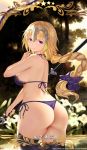  1girl ass bangs bare_shoulders bikini blonde_hair bow braid breasts cangkong cowboy_shot earrings fate/apocrypha fate_(series) from_behind glint hair_bow headpiece highres holding holding_weapon jewelry large_breasts long_hair looking_back parted_lips pixiv_id polearm purple_bikini purple_bow purple_ribbon ribbon ruler_(fate/apocrypha) side-tie_bikini sideboob single_braid smile solo spear standing swimsuit tassel very_long_hair violet_eyes watermark weapon web_address 