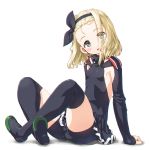  1girl :d bike_shorts black_footwear black_hairband black_ribbon black_skirt blonde_hair boots breasts collar crossed_ankles dd_(ijigendd) eyes_visible_through_hair forehead full_body green_eyes hair_over_one_eye hair_ribbon hair_slicked_back hairband head_tilt highres kantai_collection long_sleeves luigi_torelli_(kantai_collection) miniskirt open_mouth ribbon short_hair sideboob simple_background sitting skirt sleeves_past_wrists small_breasts smile solo tareme thigh-highs thigh_boots trefoil upskirt white_background 