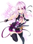  1girl bare_shoulders breasts cleavage cu-no fingerless_gloves flower full_body gloves hair_flower hair_ornament hisenkaede large_breasts long_hair looking_at_viewer pink_hair simple_background solo sword thigh-highs violet_eyes weapon yayoi_sakura 